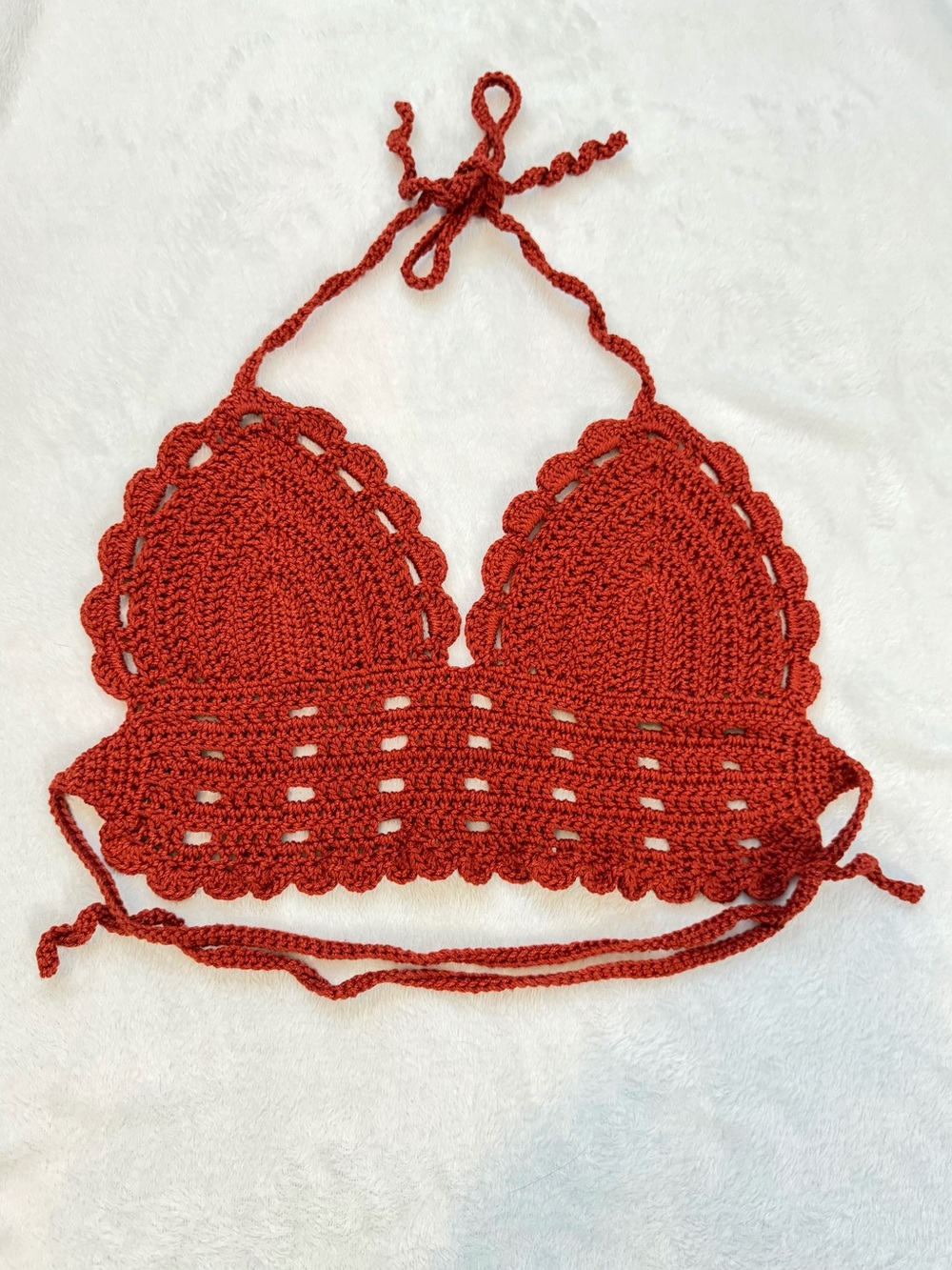 Handmade Crochet Halter Bralette Top in Rust/Burnt Orange color. Size: S